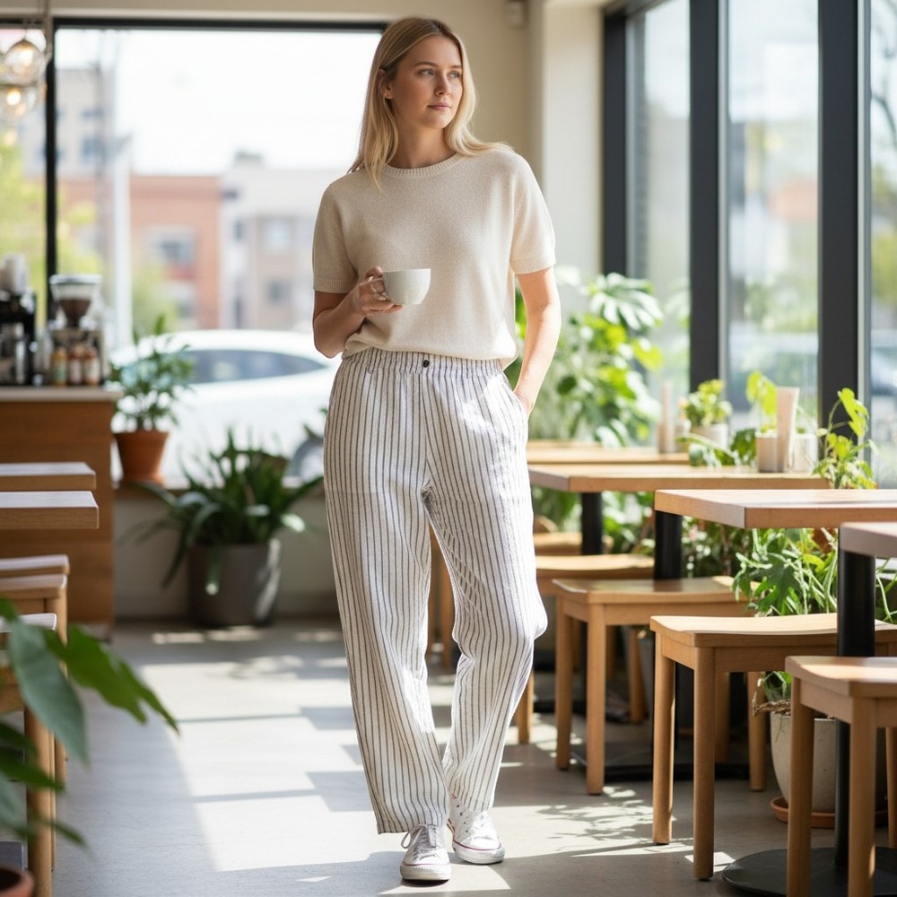 Just Living Striped Wide-Leg Linen Blend Pants Summer Trousers Elastic Waist L